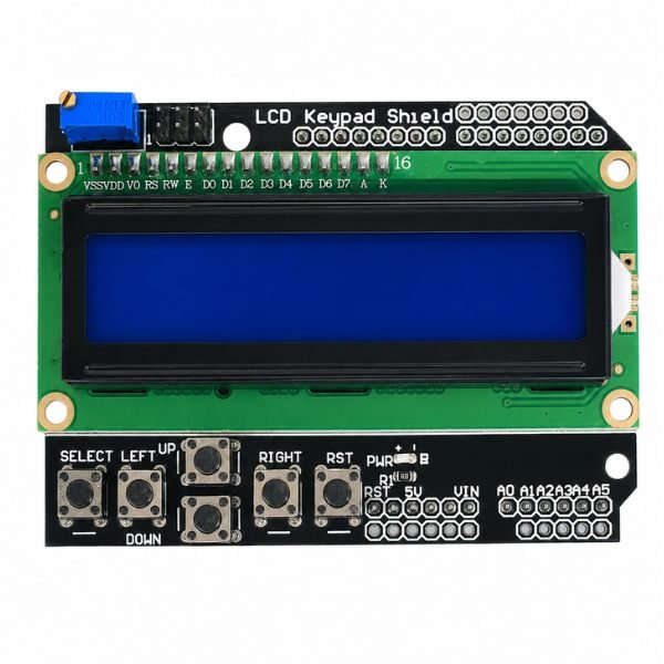 16x2 LCD Arduino Keypad Shield Module front view with display