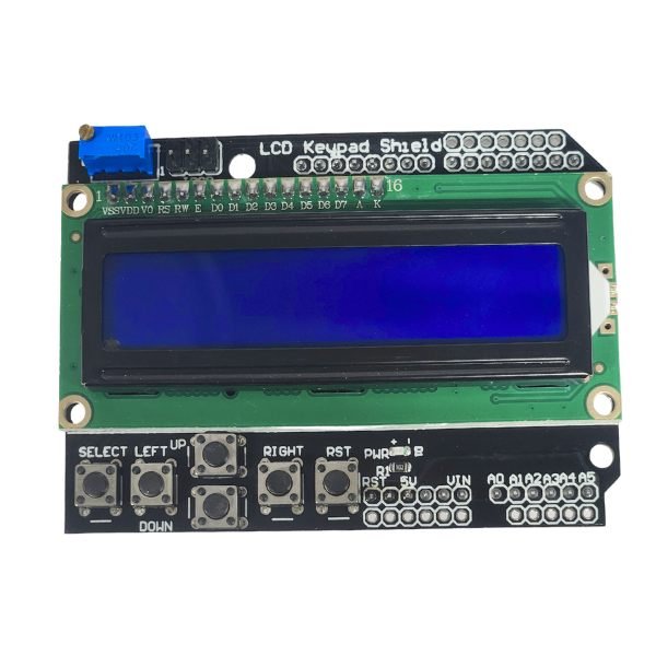 LCD Arduino Keypad Shield Module with 16x2 display, navigation buttons, and pin headers