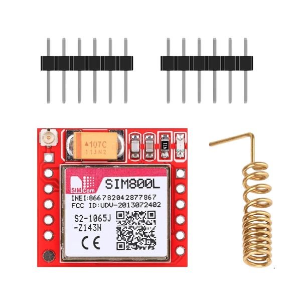 SIM800L GPRS GSM Module with Antenna front view showing Micro SIM slot UART pins and external antenna connector