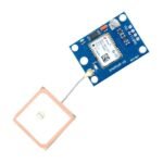 NEO-6M GPS Module front view showing ceramic active antenna UART pins and satellite lock LED indicator