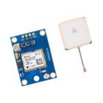 UART TX RX serial pin header close-up on NEO-6M board for NMEA data connection to microcontroller