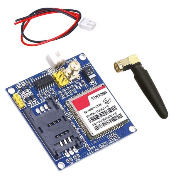 SIM900A Wireless GSM GPRS Module with Antenna front view showing SIM card slot UART pins and external antenna connector