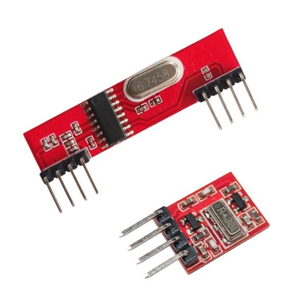 433MHz RF Transmitter & Receiver Wireless Module front view showing transmitter PCB receiver board and data pins