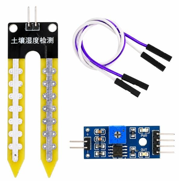 Soil Moisture Sensor Module with 20cm cable and probe electrodes on white background