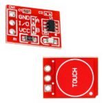 Capacitive touch sensor module red PCB back view showing TTP223 IC and signal output pin labels