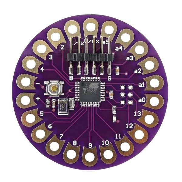 Arduino LilyPad ATmega328P compatible wearable board for DIY e-textile and wearable projects.