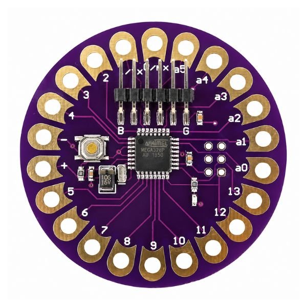 Arduino LilyPad ATmega328P Compatible Board with circular design, sew tabs, and central microcontroller