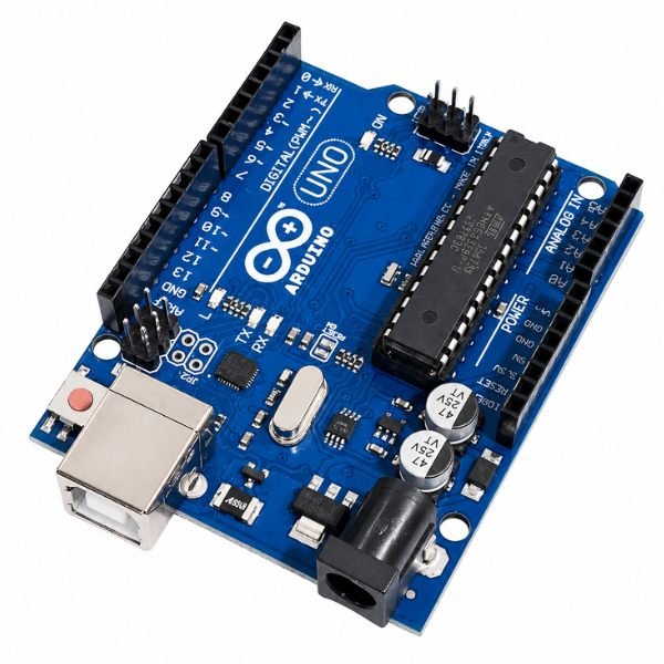 Arduino Uno R3 Compatible Board with USB port, ATmega328P chip, and pin headers