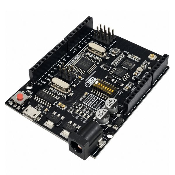 Arduino UNO R3 with Wi-Fi ATmega328P + ESP8266 NodeMCU board with USB port, ESP module, and headers