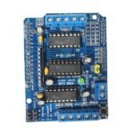 motor driver shield showing power terminals, jumper pins, and motor output connectors