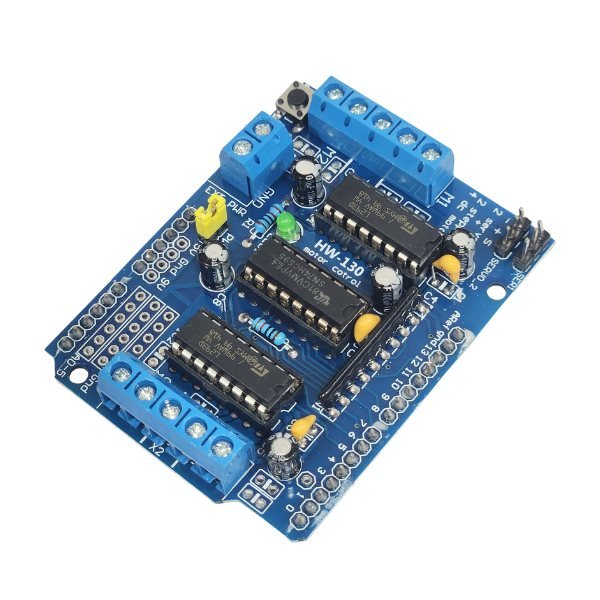 Arduino L293D Motor Driver Shield with dual IC chips, terminal blocks, and pin headers
