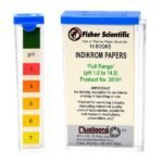 pH test strips showing color comparison chart for range of 1.0 to 14.0 in basic laboratory use