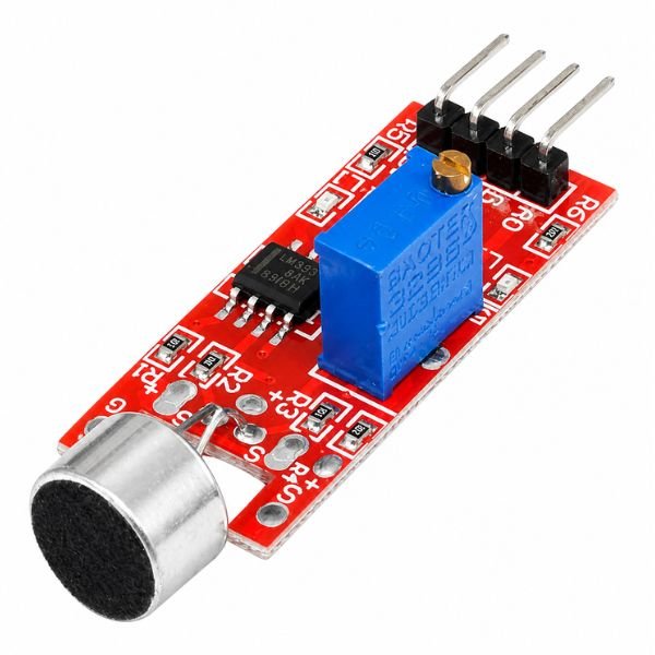 Sound Detection Module Sensor front view showing microphone LM393 IC and 4-pin header on white background