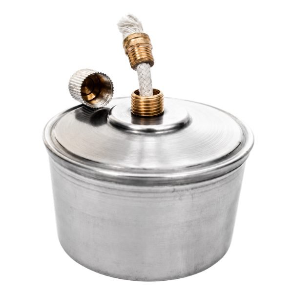 SPIRIT LAMP | Stainless Steel with wick burner and screw cap lid placed on flat base