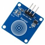 TTP223B Touch Detection Sensor Module front view showing capacitive pad and 3-pin header on white background
