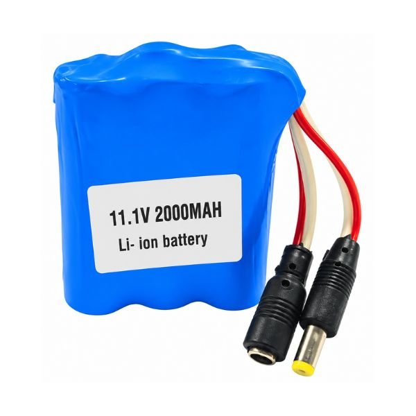 11.1V 2000mAh lithium-ion rechargeable battery pack with dc jack male & female front view