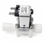Solenoid valve side view showing coil housing wire leads and threaded half inch pipe connector