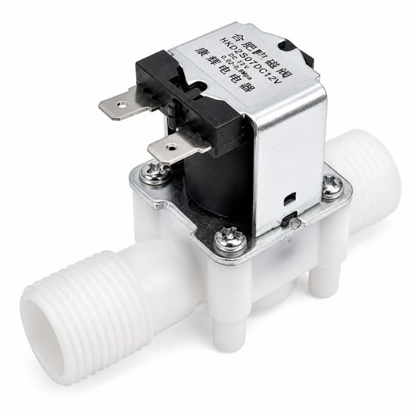 12V DC 1/2 Inch Electric Solenoid Valve front view showing aluminium body and 1/2 inch fittings
