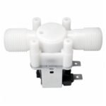 Electric solenoid valve close-up showing aluminium body inlet outlet marking and coil connector