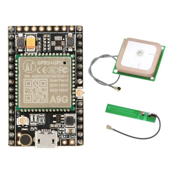 AI Thinker A9G GSM/GPRS+GPS/BDS Development Board front view showing SIM slot antenna pads and UART pins