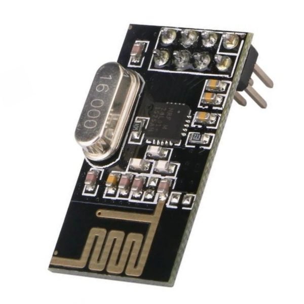 NRF24L01 2.4GHz Wireless Transceiver Module front view showing antenna chip SPI pins and PCB layout