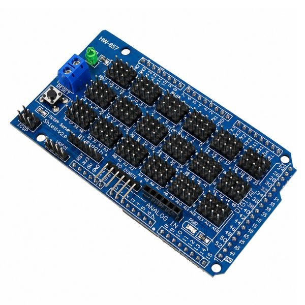 Arduino Mega 2560 R3 Sensor Shield V2.0 front view