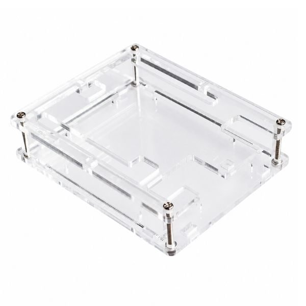Transparent Acrylic Case for Arduino UNO R3 with assembled enclosure, cutouts for ports, and mounting screws