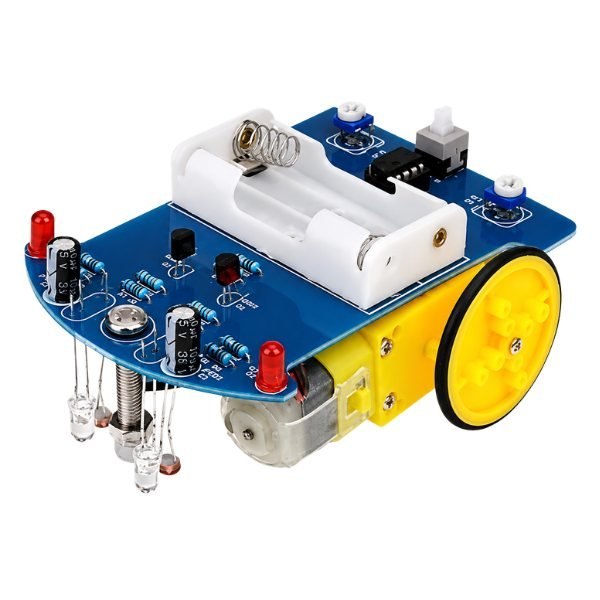 DIY D2-1 Intelligent Line Follower fully assembled with sensors, wheels, and circuit board for line tracking