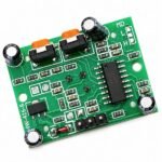HC SR501 PIR motion sensor back view showing sensitivity and delay trimmer potentiometers