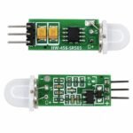 Mini PIR sensor HC-SR505 back view showing PCB layout and VCC GND OUT pin labels