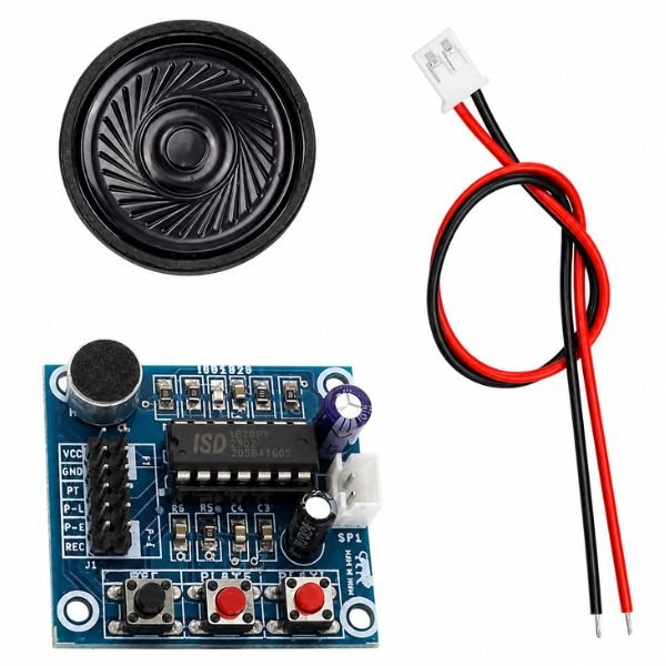 ISD1820 Voice Audio Recording and Playback Module front view showing mic speaker pads and buttons