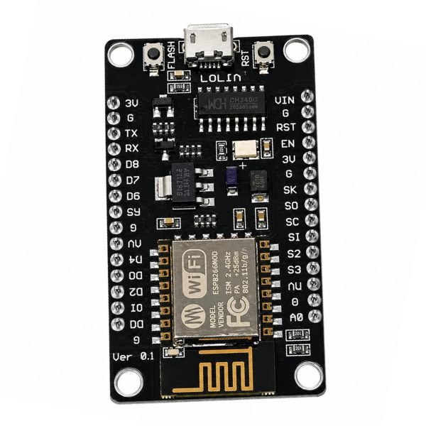 NodeMCU ESP8266 CH340 WiFi Development Board front view with micro USB and GPIO pins