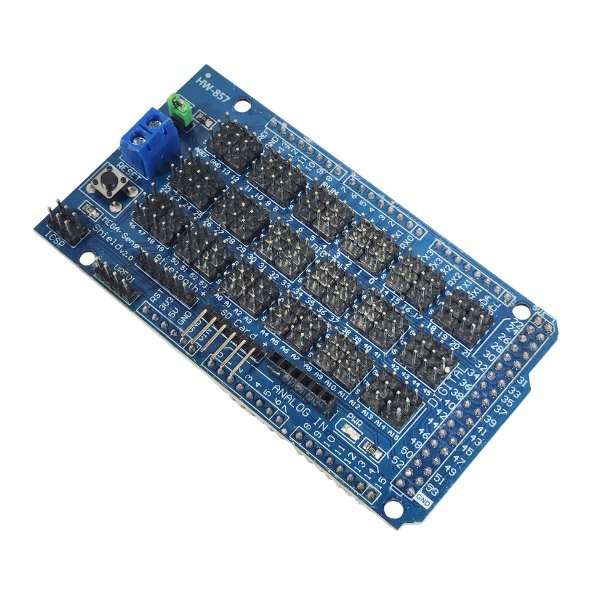 Sensor Shield V5.0 Expansion Board for Arduino with multiple servo ports, pin headers, and power connectors