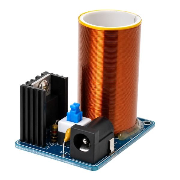 Mini DIY Tesla Coil Kit with coil tower, circuit board, and power module mounted on base
