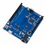 arduino leonardo board microcontroller section showing ATmega32U4 chip and surrounding components