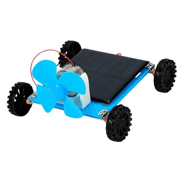 Solar Powered DIY Car Kit assembled model with solar panel mounted on top and wheels attached on chassis