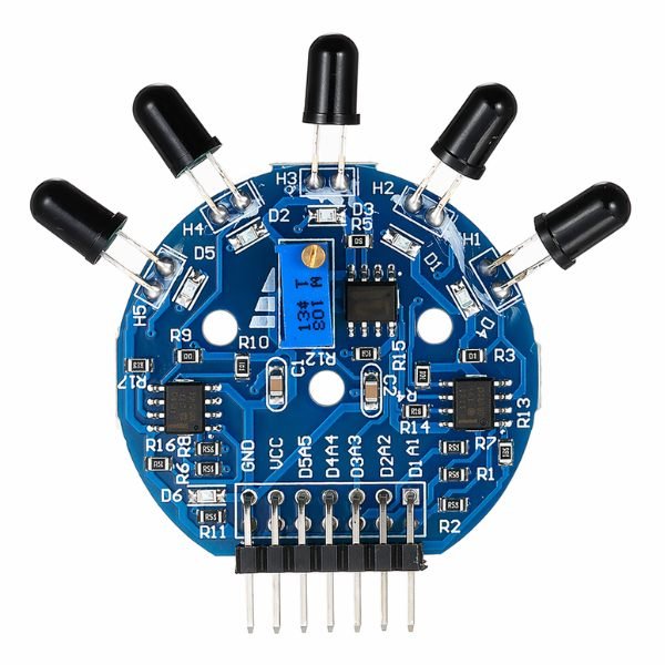 5-Channel Flame Sensor Module Board showing five IR photodiodes arranged in circular pattern on PCB