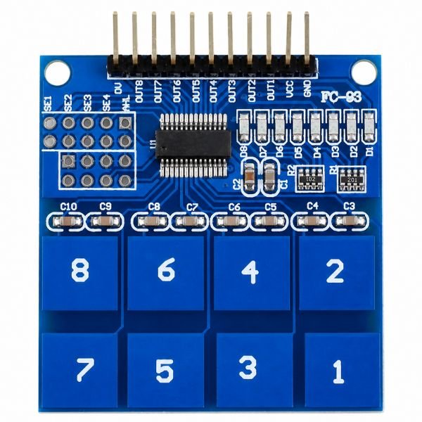 TTP226 8-Channel Capacitive Touch Pad Sensor front view showing eight touch pads and LED indicators