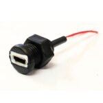 Mini USB Type-B female panel mount connector for secure data and power connections.