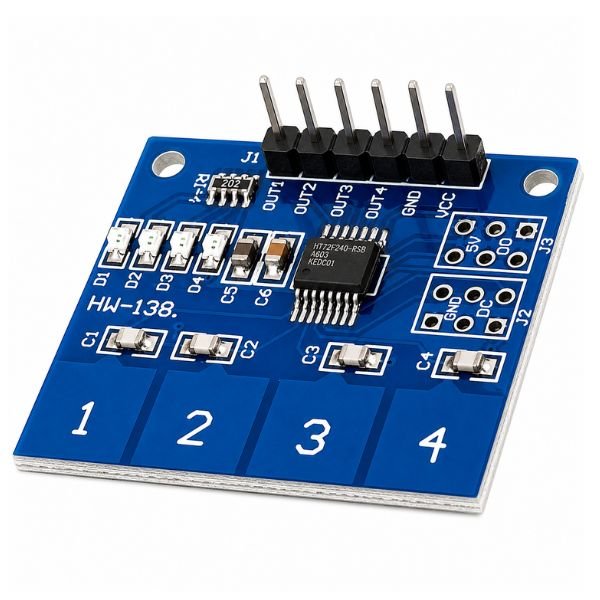 TTP224 4 Channel Capacitive Touch Sensor Module front view showing four touch pads and pin header