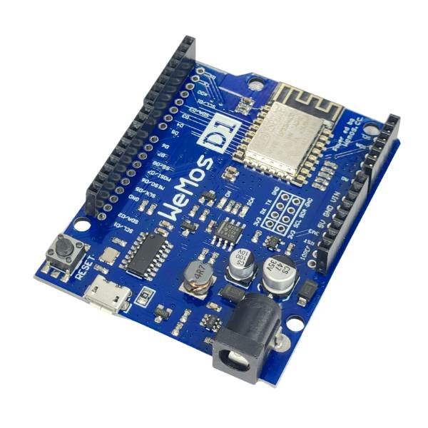 Wemos D1 R2 ESP8266 WiFi UNO Development Board with USB port, ESP8266 module, and pin headers