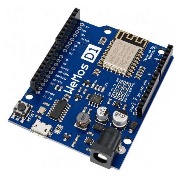 Wemos D1 R2 ESP8266 WiFi UNO Development Board with USB port, ESP8266 module, and pin headers