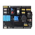 arduino shield layout showing 7 segment display, push buttons, and onboard components