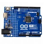 Arduino UNO board layout showing digital and analog pin headers on R4 Minima