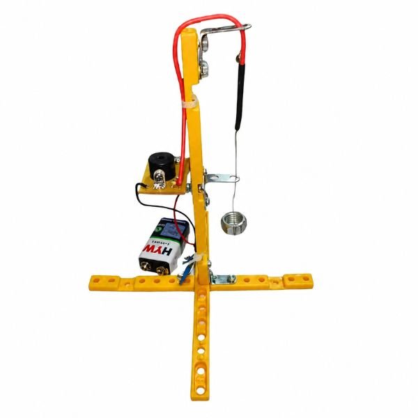 DIY Earthquake Alarm Kit with circuit board, buzzer, battery, and hanging sensor rod mounted on base