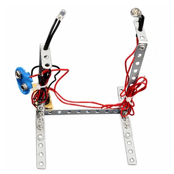 DIY Fire Alarm Kit assembled circuit with buzzer, sensor module, battery holder, and connecting wires on board