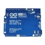 Arduino UNO R4 microcontroller and surrounding circuitry on official board