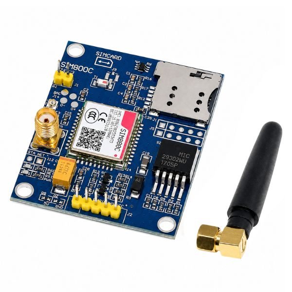 SIM800C GSM GPRS TTL Module front PCB view with SMA antenna connector and SIM card slot