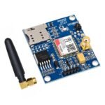 SIM800C GSM module datasheet pinout labels on close-up PCB showing UART and audio ports