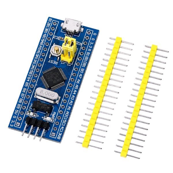STM32F103C8T6 ARM Cortex-M3 Development Board with micro USB port, pin headers, and blue PCB